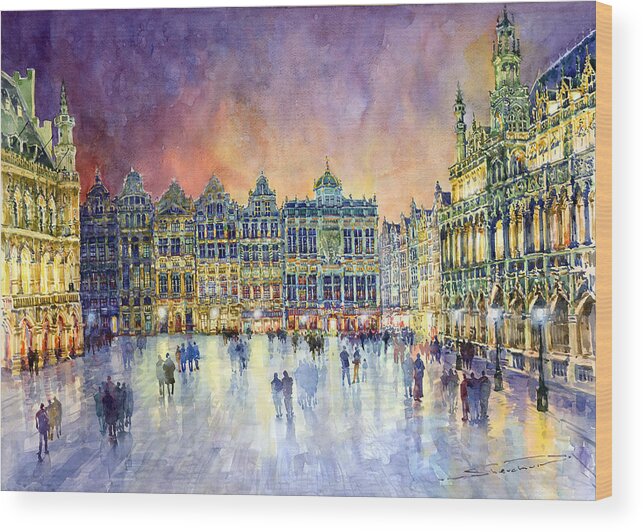 Watercolor Wood Print featuring the painting Belgium Brussel Grand Place Grote Markt by Yuriy Shevchuk