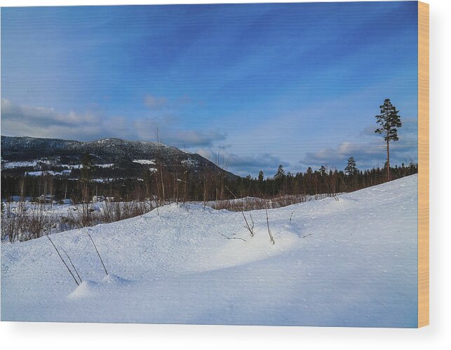 Hills Mountain Snow Clouds White Winter Countryside Panorama Photo Photography Nature Landscape View Nature Sky Trees Blue Outdoors Outdoor Activities Hiking Fieldtrip Norway Scandinavia Europe Rocks Rock Akershus Hurdal View Wood Print featuring the digital art Blue Sky #1 by Jeanette Rode Dybdahl
