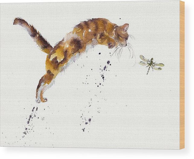 Cat Wood Print featuring the painting Chasing the Dragon - Leaping Cat by Debra Hall