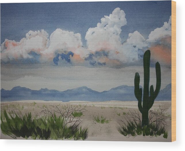 Desert Wood Print featuring the painting Desert Thunderheads #1 by Michele Turney