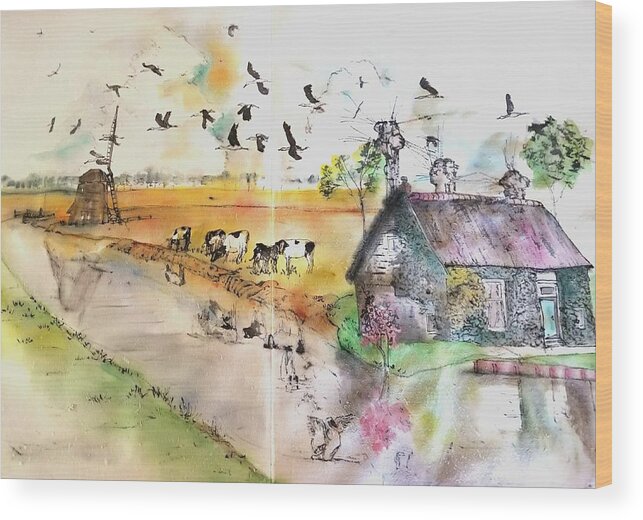 The Netherlands. Landscape. Architecture. Canal Wood Print featuring the painting Land of clogs and windmill album #1 by Debbi Saccomanno Chan