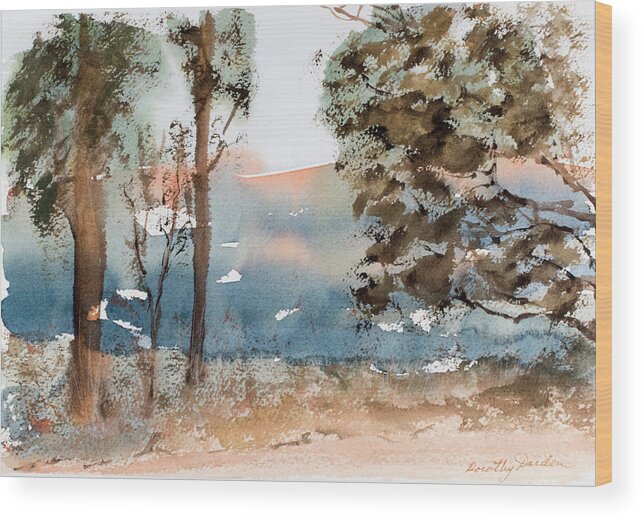 Australia Wood Print featuring the painting Mt Field Gum Tree Silhouettes against Salmon coloured Mountains by Dorothy Darden