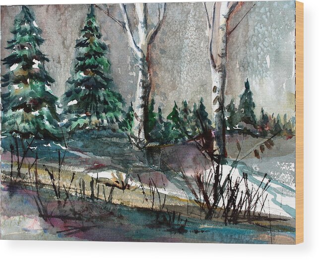 Evergreen Wood Print featuring the painting Pine Forest #1 by Mindy Newman