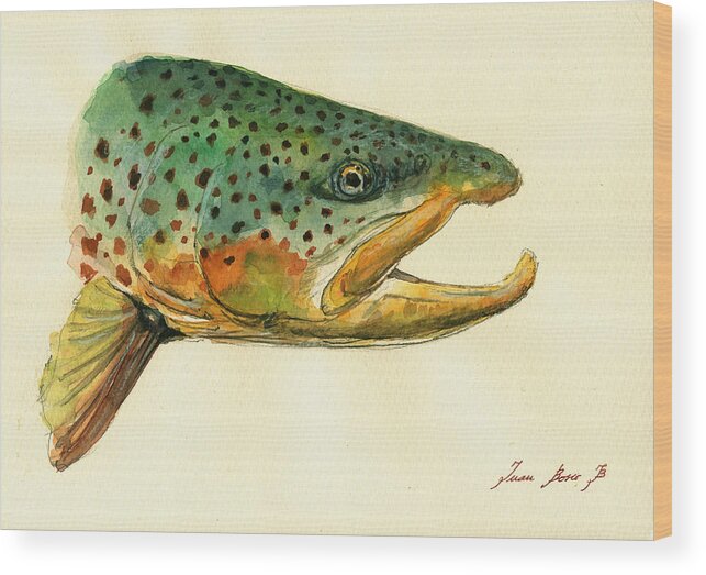 Trout Art Wall Wood Print featuring the painting Trout watercolor painting #1 by Juan Bosco