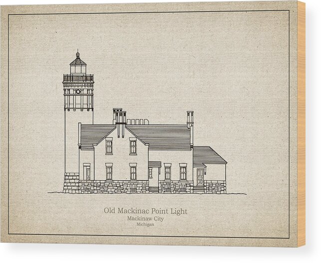 Old Mackinac Point Wood Print featuring the drawing Old Mackinac Point Lighthouse - Michigan - blueprint drawing #10 by SP JE Art