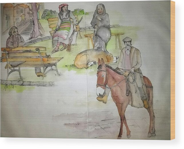 Italy. Figures. Donkey Wood Print featuring the painting Italy the red and green of it album #12 by Debbi Saccomanno Chan