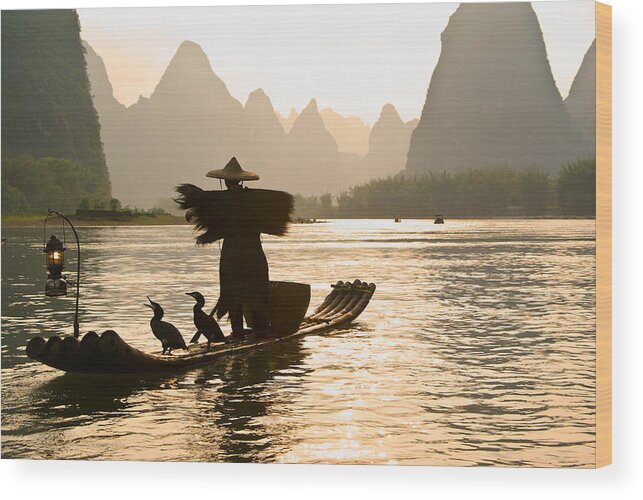 Asia Wood Print featuring the photograph Cormorant Fisherman on the Li River #2 by Michele Burgess