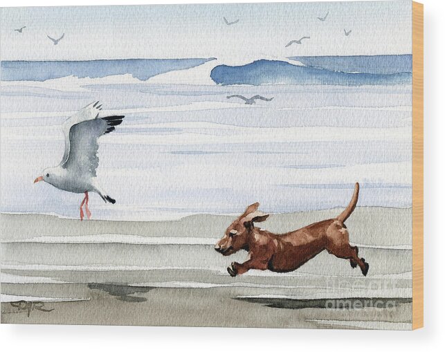 Dachshund Running Playing Seagull Beach Ocean Waves Shore Pet Dog Breed Canine Art Print Artwork Painting Watercolor Gift Gifts Picture Wood Print featuring the painting Dachshund at the Beach by David Rogers