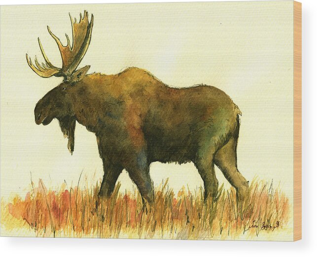 Moose Wood Print featuring the painting Moose #2 by Juan Bosco