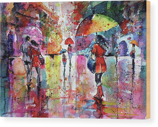 Street Wood Print featuring the painting Walk in rain.... #2 by Kovacs Anna Brigitta