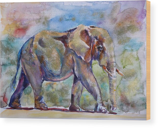Elephant Wood Print featuring the painting Elephant in gold #3 by Kovacs Anna Brigitta