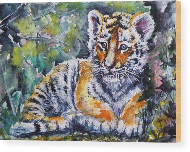 Tiger Cub Wood Print featuring the painting Tiger cub #4 by Kovacs Anna Brigitta