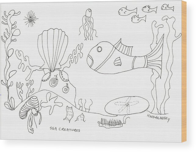 Fish Wood Print featuring the painting A jellie and sea creatures by Helen Holden-Gladsky
