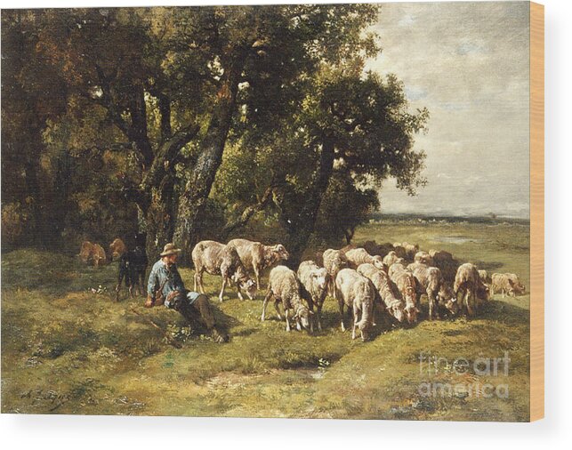 A Shepherd And His Flock Wood Print featuring the painting A shepherd and his flock by Charles Emile Jacques
