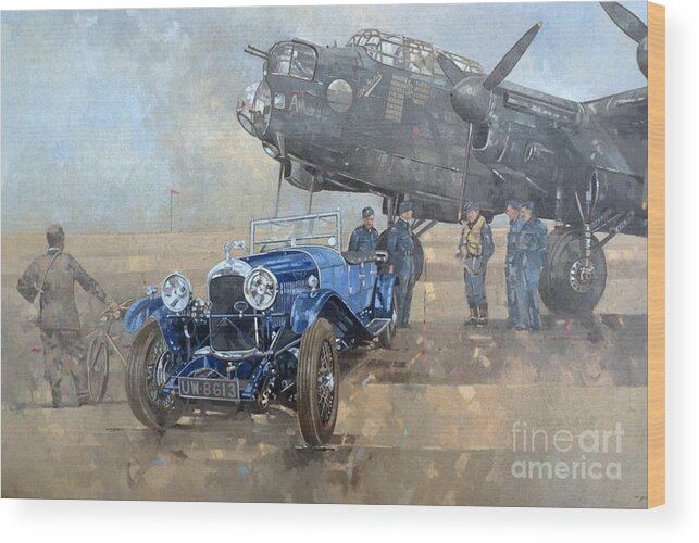 Car; Vehicle; Airplane; Aeroplane; Plane; Military; Air Force; Vintage; Classic Cars; Vintage Car; Nostalgia; Nostalgic; Blue Lagonda Wood Print featuring the painting Able Mable and the Blue Lagonda by Peter Miller
