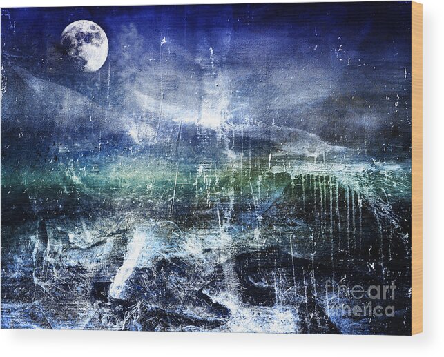 Abstract Wood Print featuring the painting Abstract Moonlit Seascape Painting 36a by Ricardos Creations