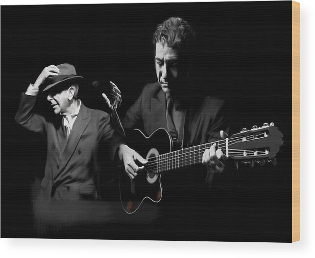 Leonard Cohen Drawings Paintings Wood Print featuring the painting Accompaniment Lenard Cohen by Iconic Images Art Gallery David Pucciarelli