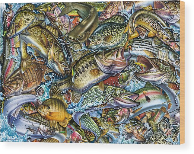 Jon Q Wright Wood Print featuring the painting Action Fish Collage by JQ Licensing