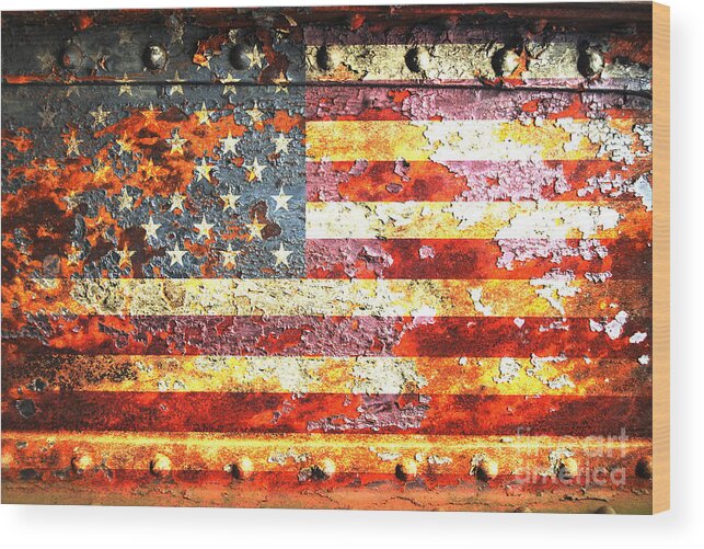 American Wood Print featuring the digital art American Flag On Rusted Riveted Metal Door by M L C