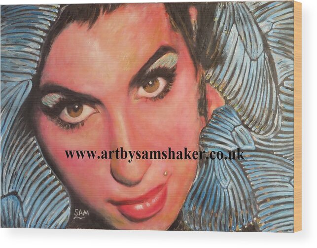 Amy Winehouse Wood Print featuring the painting Amy surrounded by blue butterflies by Sam Shaker