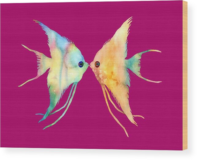Fish Wood Print featuring the painting Angelfish Kissing by Hailey E Herrera