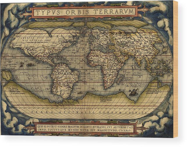 Abraham Ortelius Wood Print featuring the painting Antique Map Of The World By Abraham Ortelius - 1564 by Marianna Mills