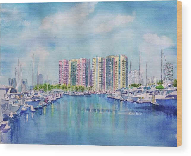 Aqua Towers Wood Print featuring the painting Aqua Towers and the Marina in Long Beach by Debbie Lewis