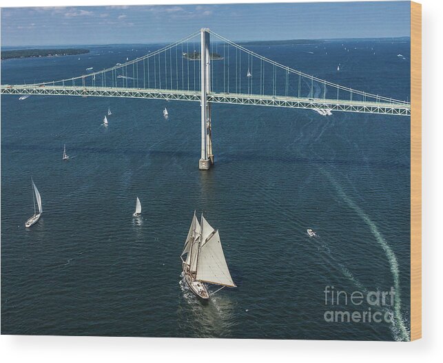 Arial Wood Print featuring the photograph Arial view of Newport Bridge by JBK Photo Art