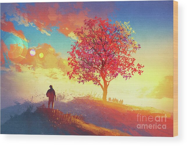 Abstract Wood Print featuring the painting Autumn Sunrise by Tithi Luadthong