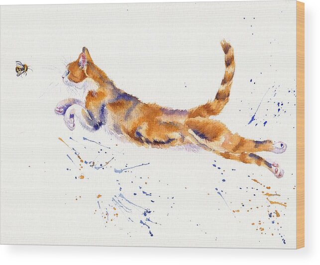 Cat Wood Print featuring the painting Bee Airborne - Leaping Cat by Debra Hall