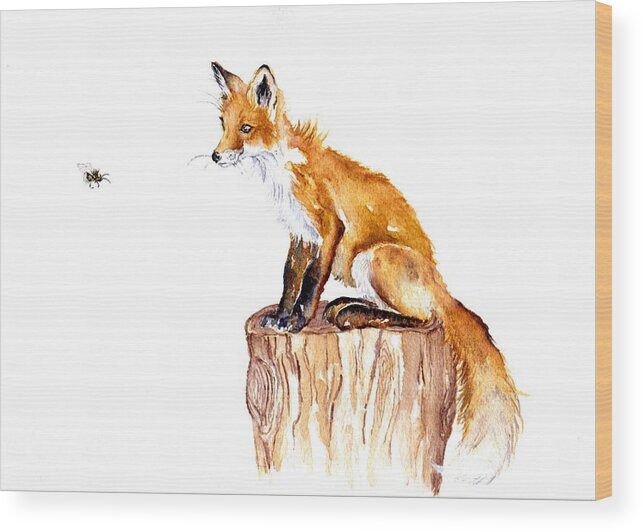 Fox Wood Print featuring the painting Bee Stumped - sitting fox by Debra Hall