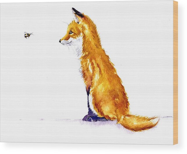 Fox Wood Print featuring the painting Fox Cub - Bee Sweet by Debra Hall