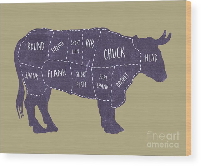 Beef Wood Print featuring the drawing Beef Cuts Butcher Print 5 by Edward Fielding