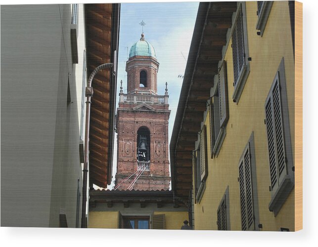 Caravaggio Wood Print featuring the photograph Bell Tower Through the Buildings by Fabio Caironi