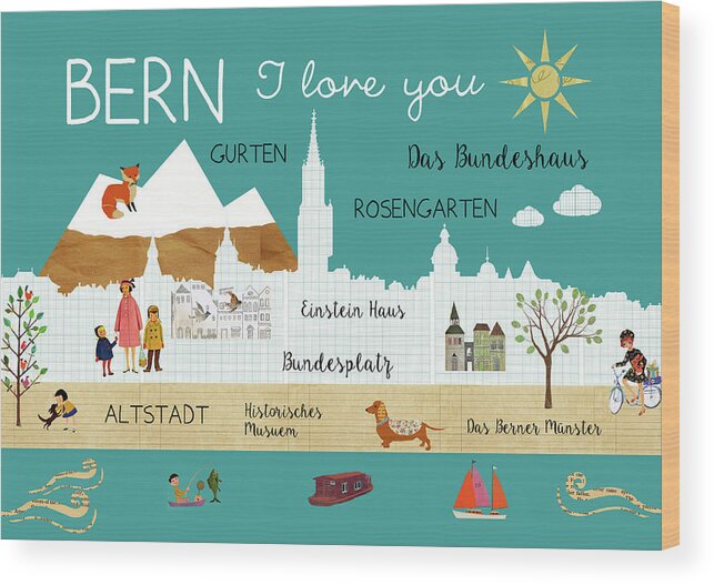 Bern I Love You Wood Print featuring the mixed media Bern I love you by Claudia Schoen