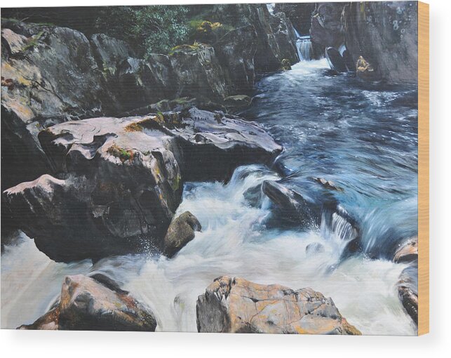 Landscape Wood Print featuring the painting Betws-y-Coed Waterfall by Harry Robertson