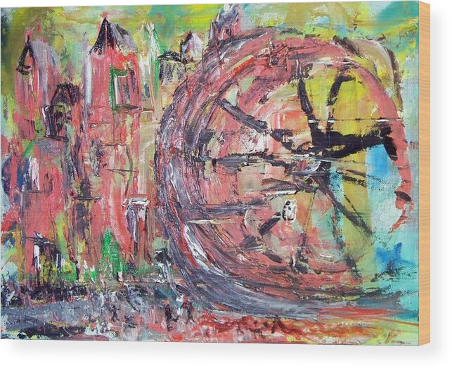Abstract Cityscape Wood Print featuring the painting Big City Wheel vs Little People by Lynda McDonald