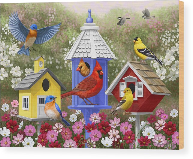 Wild Birds Wood Print featuring the painting Bird Painting - Primary Colors by Crista Forest