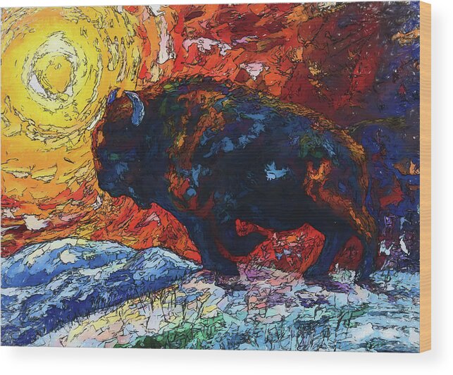 Animal Wood Print featuring the painting Bison Running print of OLena Art Wild the Storm Oil Painting With Palette Knife by O Lena