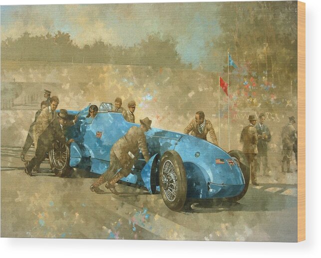 Car; Race Car; Vehicle; Racing; Track; Racetrack; Race Track; Vintage; Racer; Blue; Team; Pushing; Sportscar; Land Speed Test Wood Print featuring the painting Bluebird by Peter Miller 