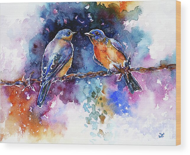 Bluebird Wood Print featuring the painting Bluebirds by Zaira Dzhaubaeva