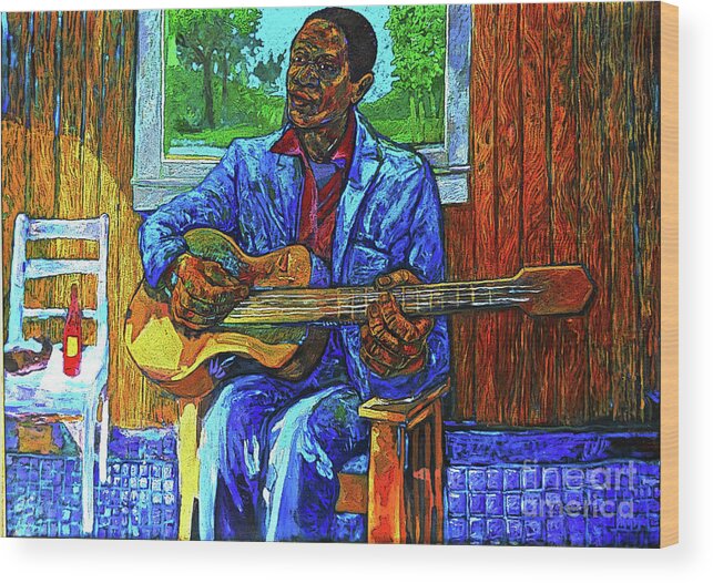 Blues Wood Print featuring the painting Bluesman, fish and hot sause by Joe Roache