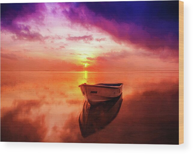Sunset Wood Print featuring the digital art Boat at Sunset by Roy Pedersen