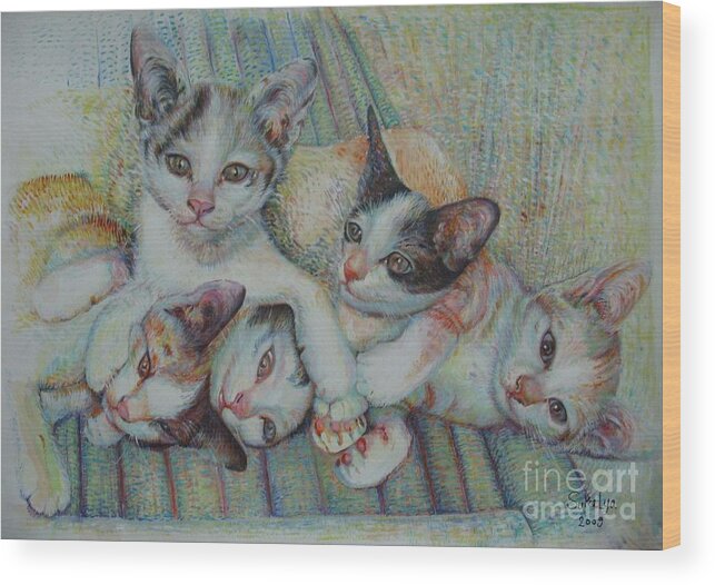 Cats Wood Print featuring the painting Brothers and Sisters by Sukalya Chearanantana