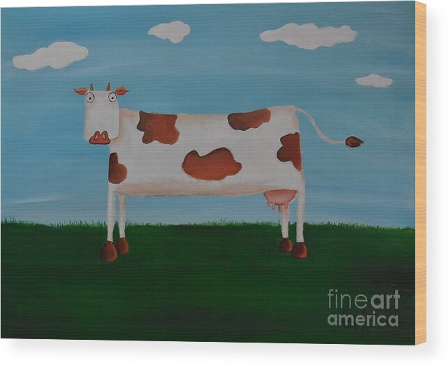 Cow Wood Print featuring the painting Brown Spotted Cow by Cami Lee