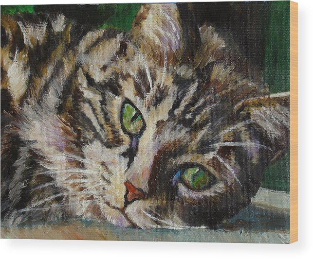 Cat Wood Print featuring the painting Brown Tabby Cat by Mary Jo Zorad