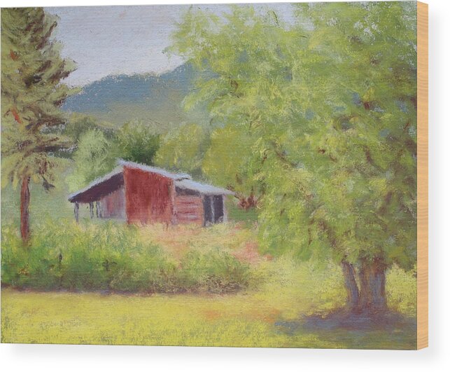 Landscape Wood Print featuring the painting Brown's Shed by Nancy Jolley