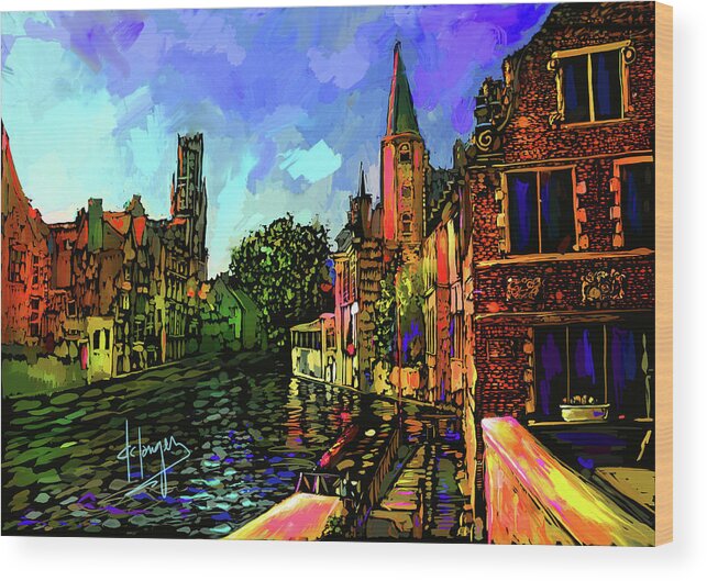 Landscape Wood Print featuring the painting Canal in Bruges by DC Langer