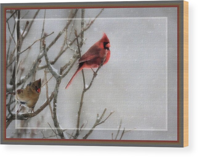 Animal Wood Print featuring the photograph Cardinals In Snow, Framed by Sandra Huston