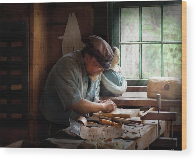 Suburbanscenes Wood Print featuring the photograph Carpenter - Carving the Figurehead by Mike Savad